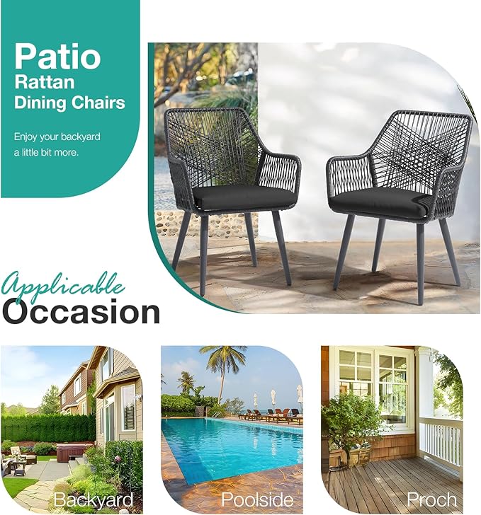 Patiorama Patio Dining Chair Set of 4,Woven Rope Outdoor Dining Chairs w/Steel Frame,All-Weather Twisted Rattan Chairs w/Armrest & Cushion,Outdoor Dining Wicker Chairs for Backyard Garden(Dark Grey)