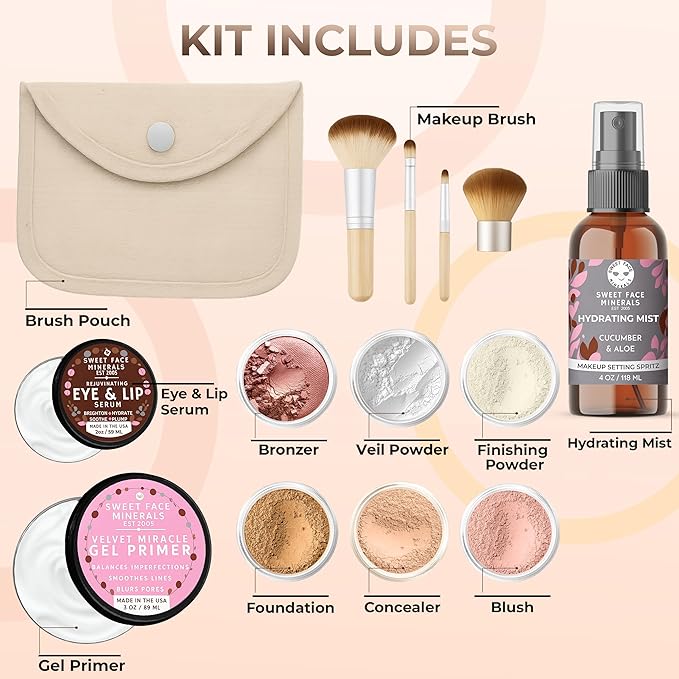 TIMELESS LOOK KIT (DEEP TAN) Full Size Mineral Makeup Set Matte Foundation Bare Face Sheer Powder Cover