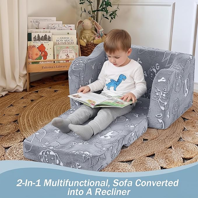 MeMoreCool Glow-in-The-Dark Toddler Sofa Bed – 2-in-1 Convertible Chair & Nap Lounger, Dog Print, Lightweight, Washable for Kids Room | Plush Foam Comfort | Portable Playroom Couch