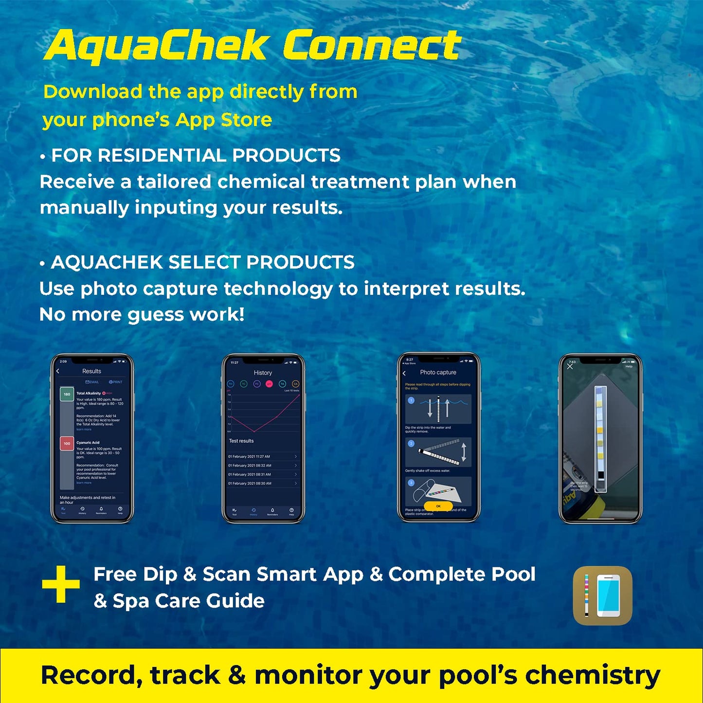 AquaChek Yellow 4-Way Pool and Spa Test Strips - 50 Yellow Test Strips - Swimming Pool Test Strips For pH, Free Chlorine, Total Alkalinity, and Cyanuric Acid - Quick and Accurate Results - Testing Kit
