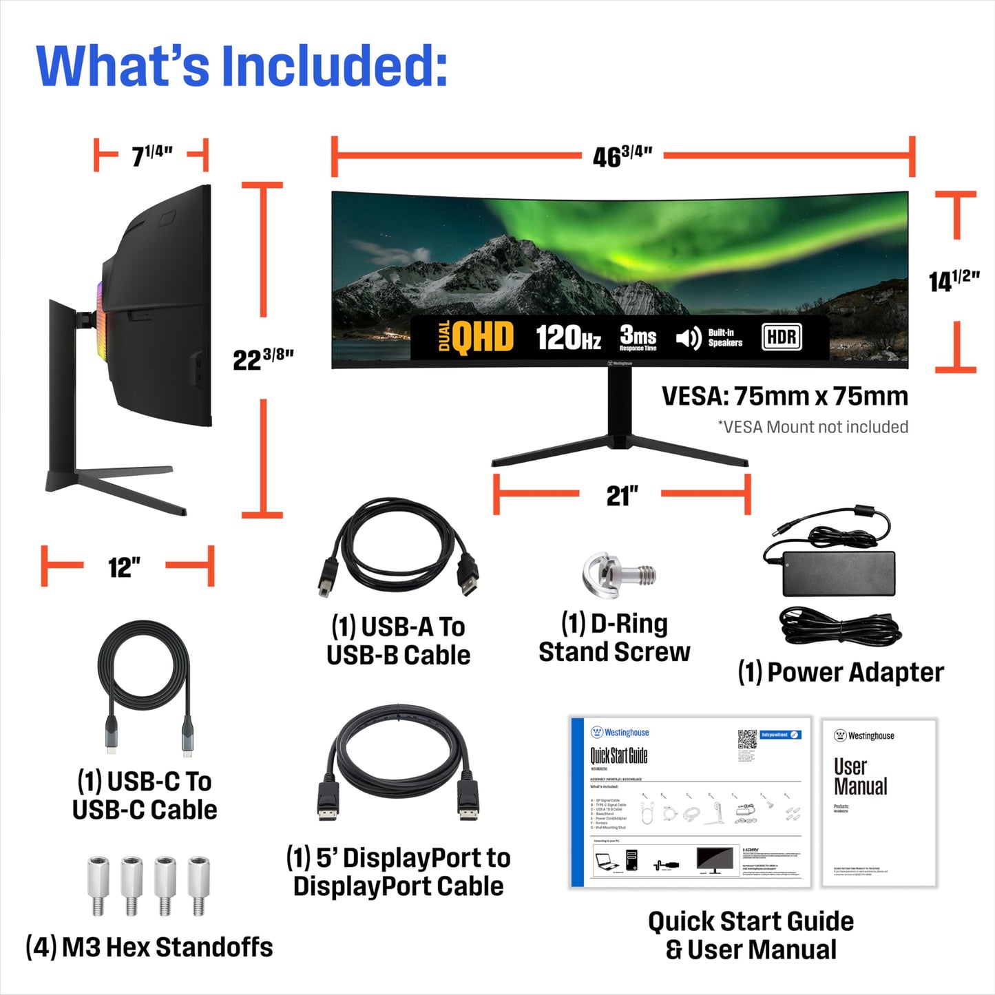 Westinghouse 49 Inch Curved Gaming Monitor, UWDQHD(5120 x 1440P), 3000:1 Contrast Ratio, 124% sRGB, 120Hz, 1800R, AMD FreeSync, Eyecare, Built-in Speakers, Tilt/Height/Swivel, HDMI, DisplayPort, USB-C
