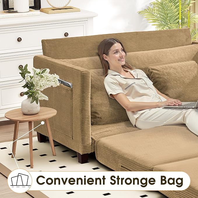 Myroyalsit 65" Convertible Loveseat Sofa Bed, 2-in-1 Folding Sofa Bed with 2 Pillow for Small Spaces, Modern Loveseat Sleeper Couch for Apartment, Living Room & Guest Room (Brown Corduroy, 65 inch)