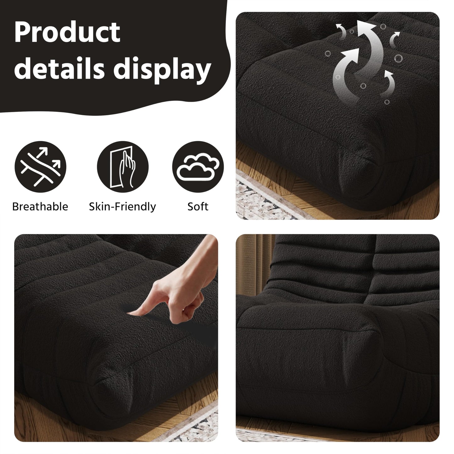 Bean Bag Chair, Fireside Chair, Large Bean Bag Chair for Adults, Bean Bag Chairs for Teens with High-Resilience Foam, Non-Slip Base Floor Lounge Sofa,Living Room (Black, Single)