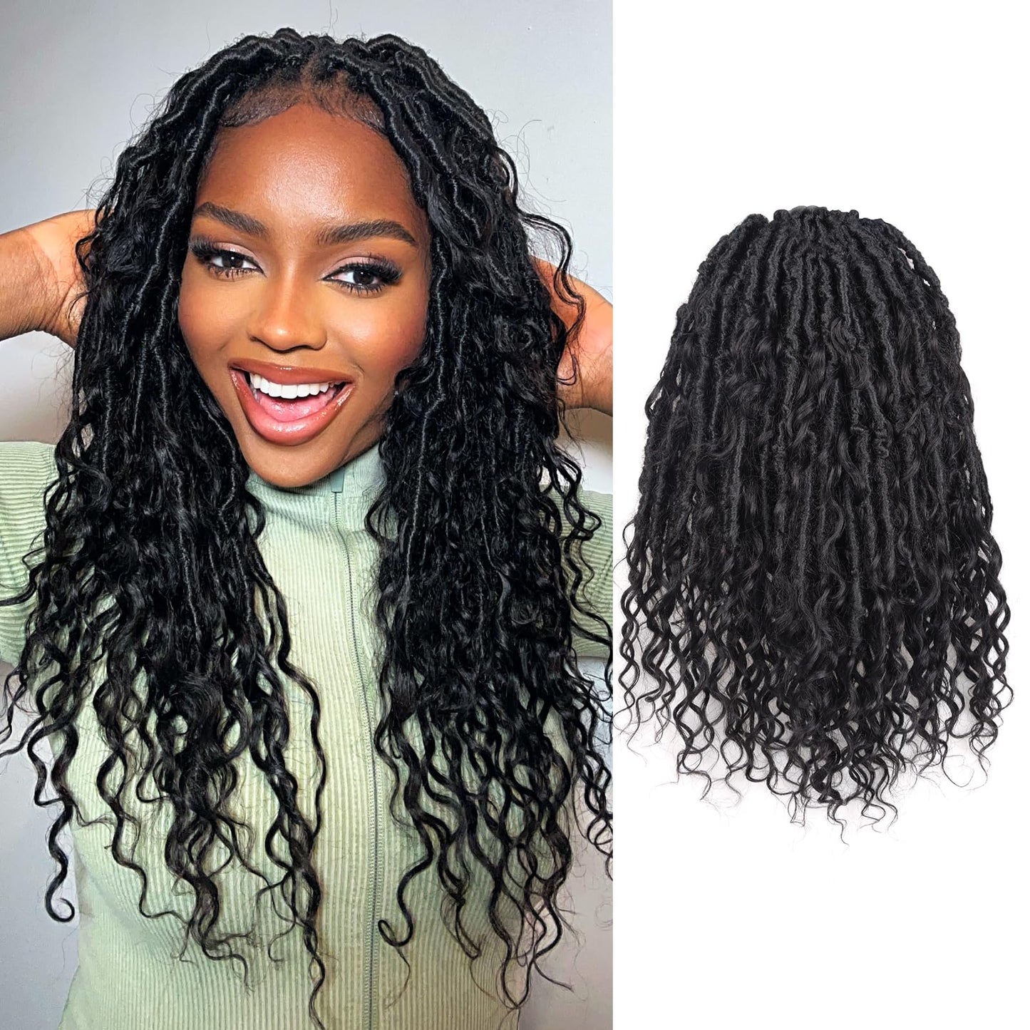 ToyoTress Boho Butterfly Locs With Human Hair Curls - 18 Inch 8 Packs Natural Black Hand Twisted Pre-Looped Crochet Locs, Short