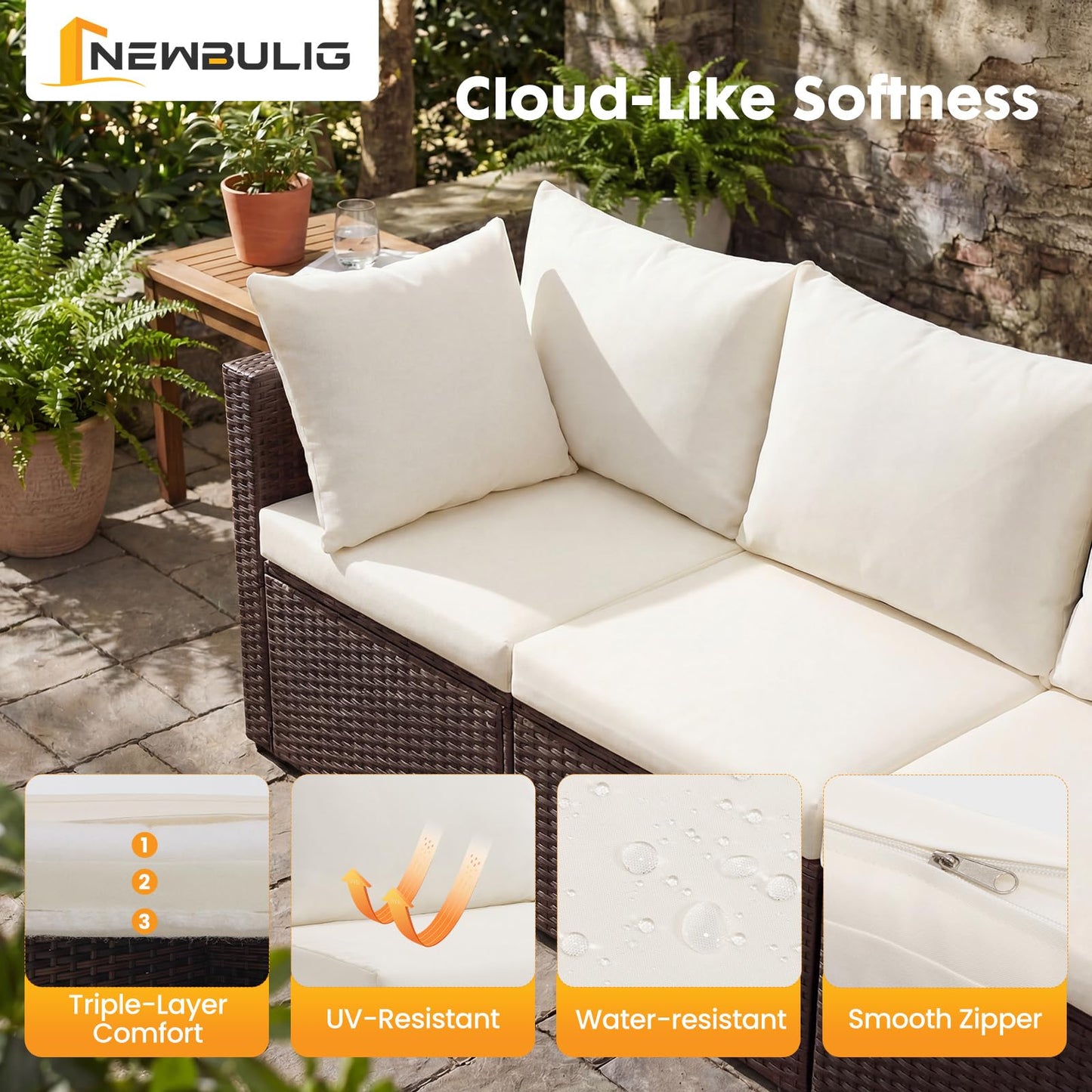 NEWBULIG 7-Piece Outdoor Patio Sectional Sofa, Weather-Resistant Modular Wicker Rattan Furniture Set with 2.8" Cushions, Tempered Glass Table & Adjustable Feet for Deck, Backyard, Poolside (Brown)