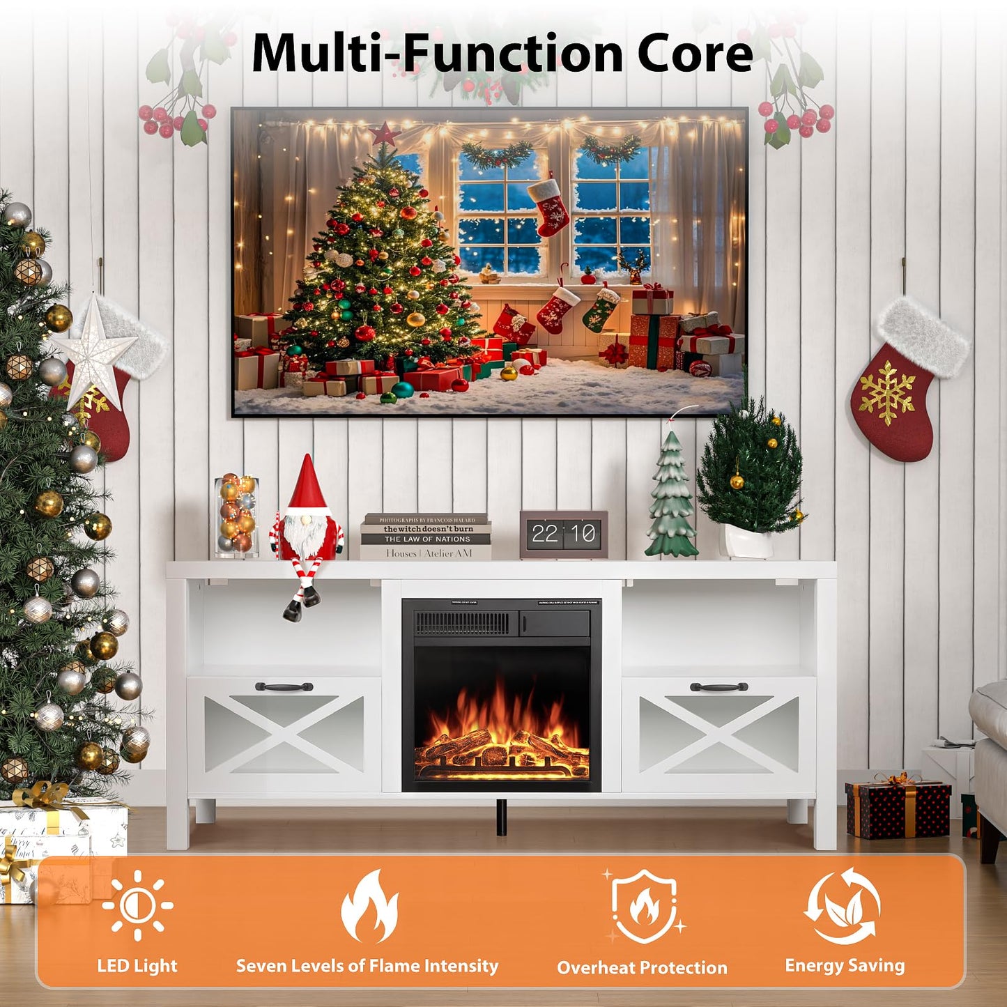 Electactic Electric Fireplace TV Stand with Mantel & Storage, Features Realistic LED Flame Insert, Remote, 7 Brightness Settings, Overheat Protection, for Living Room Furniture or Bedroom Fireplace