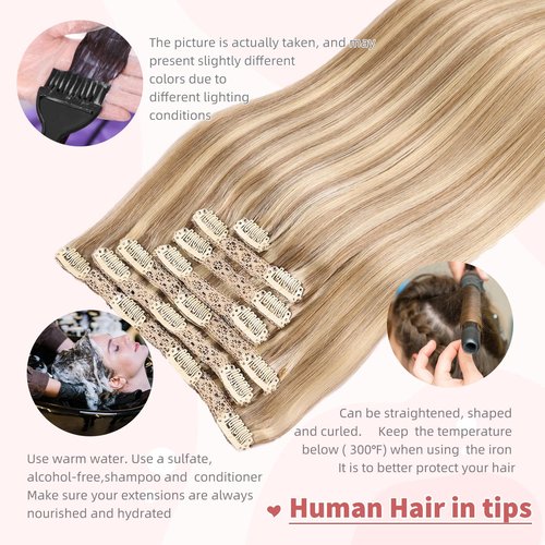 DIYOMO human hair clip in extensions Soft&Natural 120g 7pcs hair extensions real human hair clip insHair Straight&Invisible (16 Inch,#16/22)