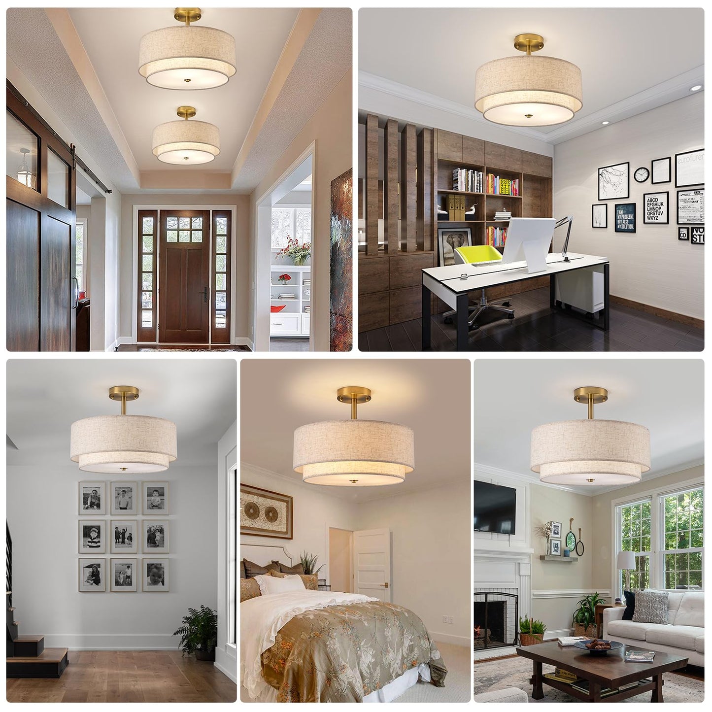 Aufrichting 16" Semi Flush Mount Ceiling Light Fixture,Modern Close to Ceiling Light, 3-Lights Gold Drum Ceiling Light with Linen Fabric Shade for Bedroom Living Dining Room Hallway Entryway Foyer