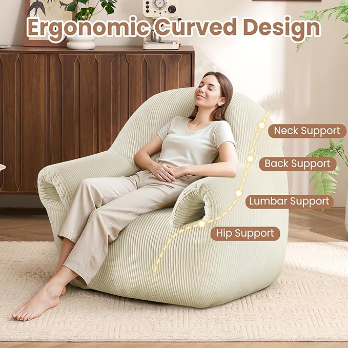 Peace nest Bean Bag Chair with Memory Foam Filled Ultra Soft Corduroy Cover for Adults Comfy Fur Bean Bag Chairs with Armrests for Bedroom Living Room Office Dorm Reading Beige