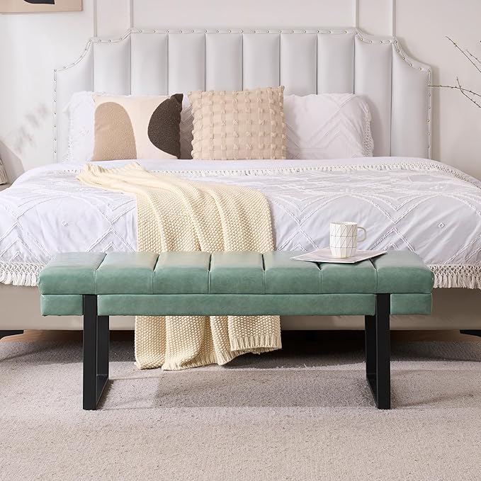 AIITTCC Faux Leather Bench 46.5" Ottoman Bench,Tufted Padded End of Bed Bench with Metal Legs, Upholstered Shoe Bench for Bedroom Living Room Entryway Window (Sage Green, 46" Wide)