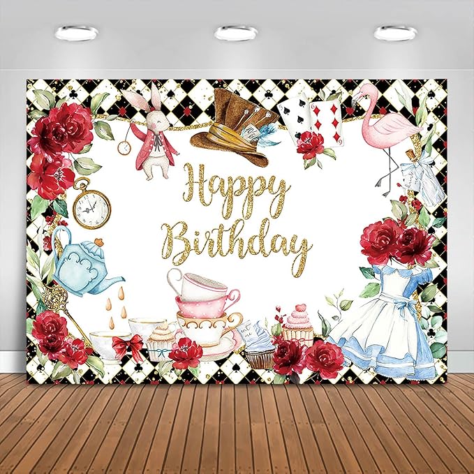 Fitumiw Wonderland Birthday Backdrop 7x5ft Tea Party Happy Birthday Background Party Decorations for Kids Fairy Tale Banne...