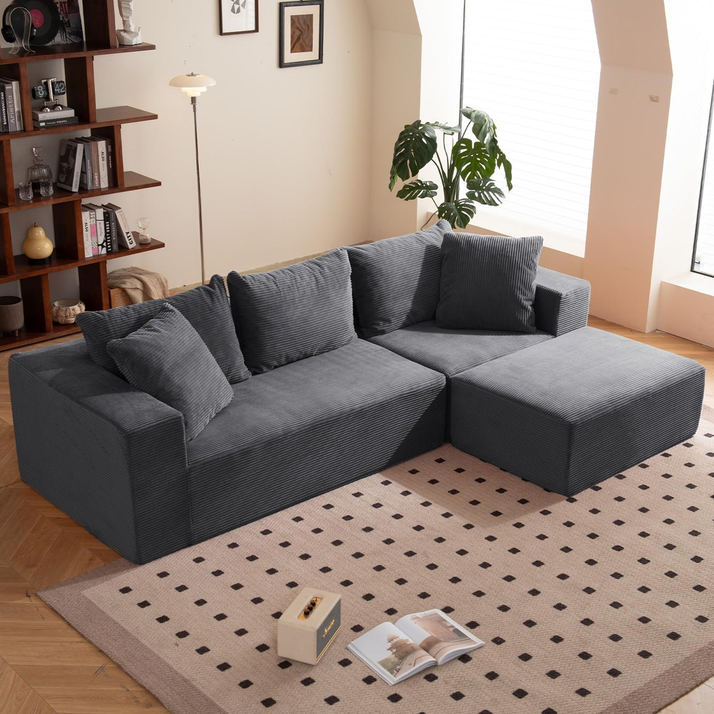 108" L-Shaped Boneless Couch, Modular Sectional Sofa with Moveable Ottoman, Corduroy Cloud Couches for Living Room, No Assembly, Ship in a Box, Ash Gray