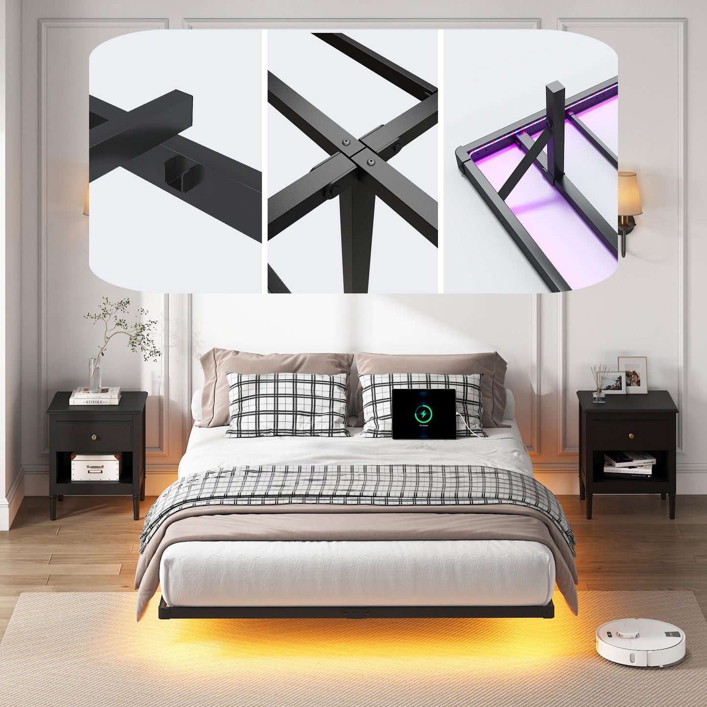 YORMDMO Floating Bed Frame Queen Size, Heavy Duty Bedframe with Smart LED Lights & Charging Station, Modern Metal Platform Bed, Easy Assembly No Box Spring Needed, 8 Inch