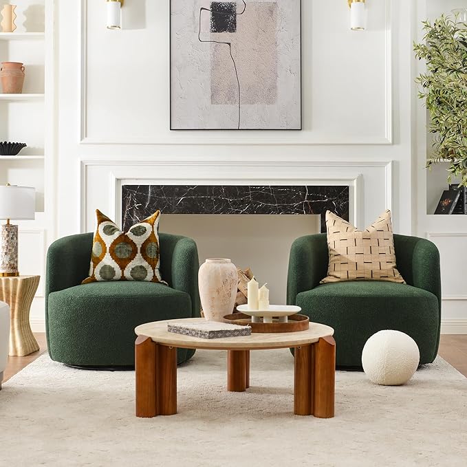 KINWELL 34" Wide Boucle Swivel Barrel Chairs Set of 2, No Assembly Round Upholstered Armchairs Accent Chairs Single Sofa Chair with Toss Pillow for Living Room and Bedroom, Green