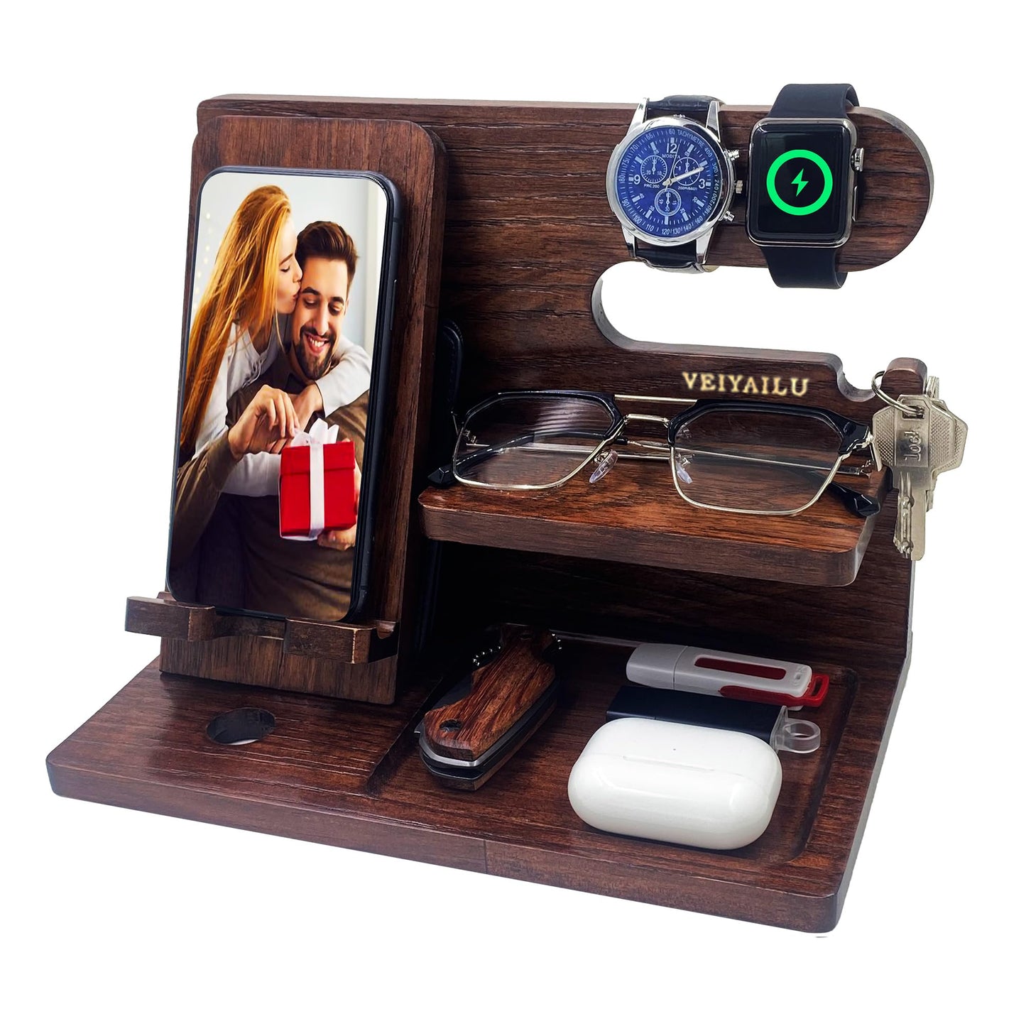 VEIYAILU Gifts for Men Women Brother Boss Boyfriend Him Nightstand Organizer Gifts for Dad from Daughter Son Wood Phone Docking Station (Dark Brown)
