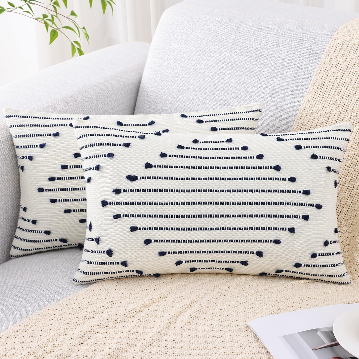 Mecatny Boho Outdoor Throw Pillow Covers 12X20 Set of 2, Farmhouse Lumbar Summer Pillow Covers for Couch Sofa Living Room, Navy & Cream White