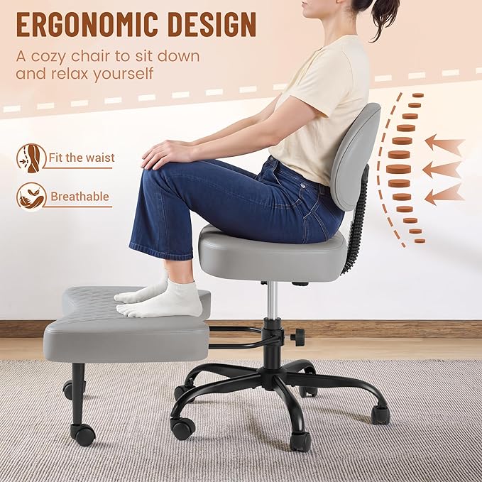 Homall Ergonomic Cross Legged Office Desk Chair with Wheels, 360° Swivel and Adjustable Height for Meditation and ADHD,Criss Cross Kneeling Chair with Lumbar Support (Leather, Grey)