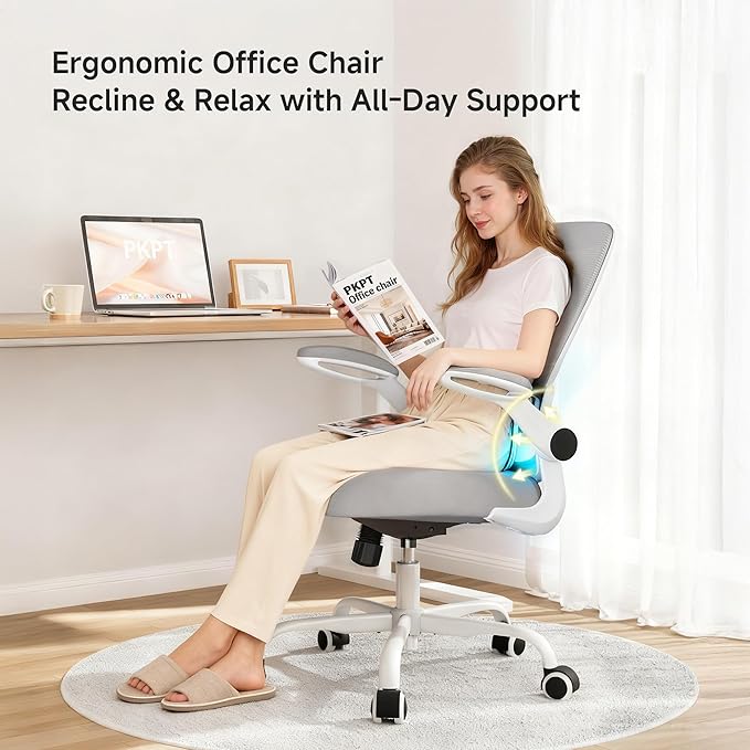 PKPT Mesh Office Chair, 330LBS Ergonomic Desk Chair with Adjustable Lumbar Support, Executive Computer Chairs for Home Office, White and Gray
