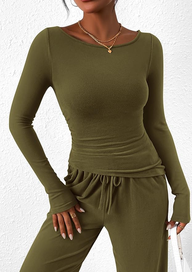 PRETTYGARDEN Women's 2 Piece Lounge Sets Asymmetrical Long Sleeve T Shirt Wide Leg Pants Casual Outfits Tracksuit