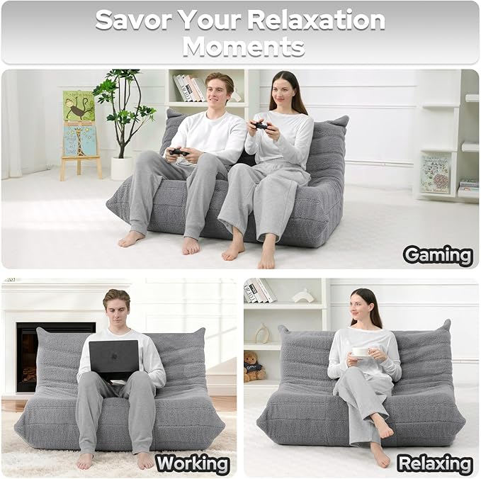 HABUTWAY Bean Bag Chairs Fireside Lazy Floor Sofa, Soft Teddy Fleece 2 Seater Sofa with High-Resilience Foam Filling，Beanbag for Living Room, Bedroom, Office (Light Gray Teddy)