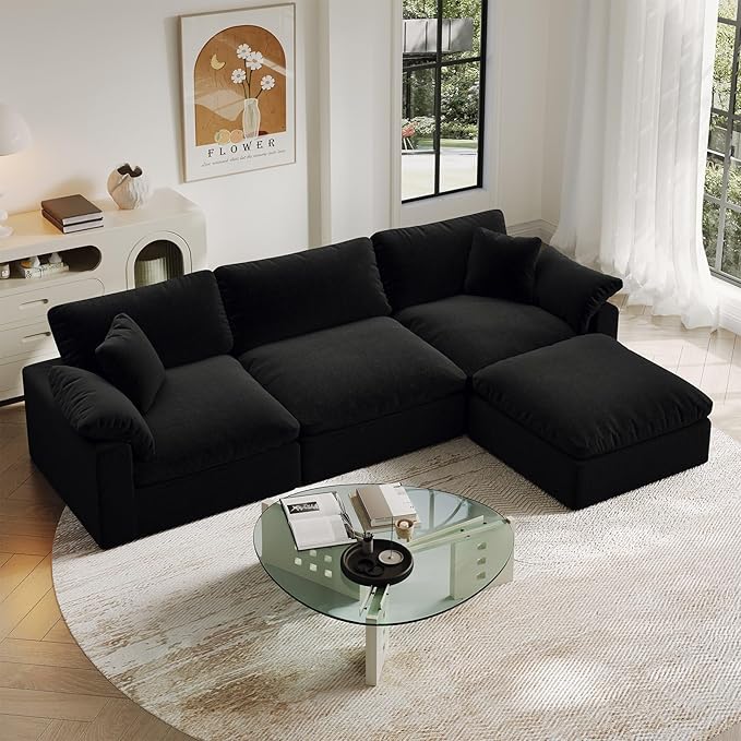 Intuition Decor Oversize Cloud Modular Sectional Sofa,110.8" L Shape 3 Seaters with Chaise Down Filled Comfort Sofa Detachable Couch Cushion Covers for Living Room,Black