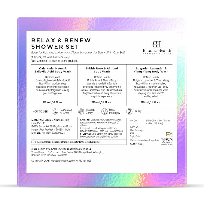 Botanic Hearth Relax & Renew Body Wash Set – British Rose, Lavender & Calendula Neem, Travel-Size 3-Pack, Gentle Cleansing Shower Gel – 4 fl oz Each