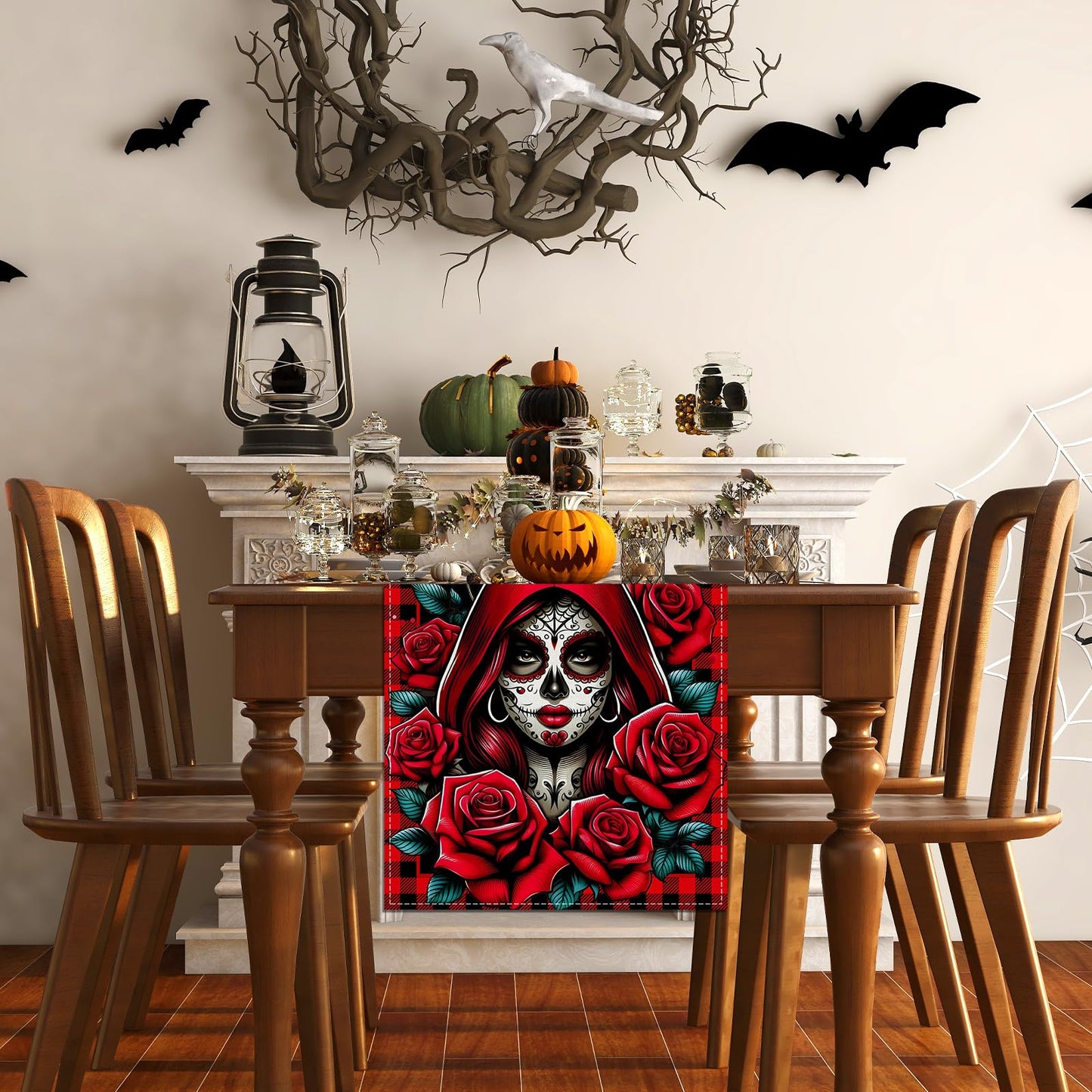 Day of The Dead Table Runner Dia De Los Muertos Tablecloth Sugar Skull Roses Mexican Fiesta Halloween Party Decoration and Supplies for Home Kitchen Table-13×72''
