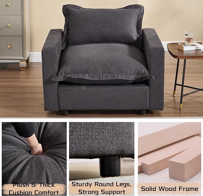 chairus 39.5" Chaise Lounge Chair Indoor with Ottoman, Upholstered Single Sofa Couch Chair Oversized Linen Fabric Reading Armchair for Living Room, Bedroom, Reception Room, Apartment, Black