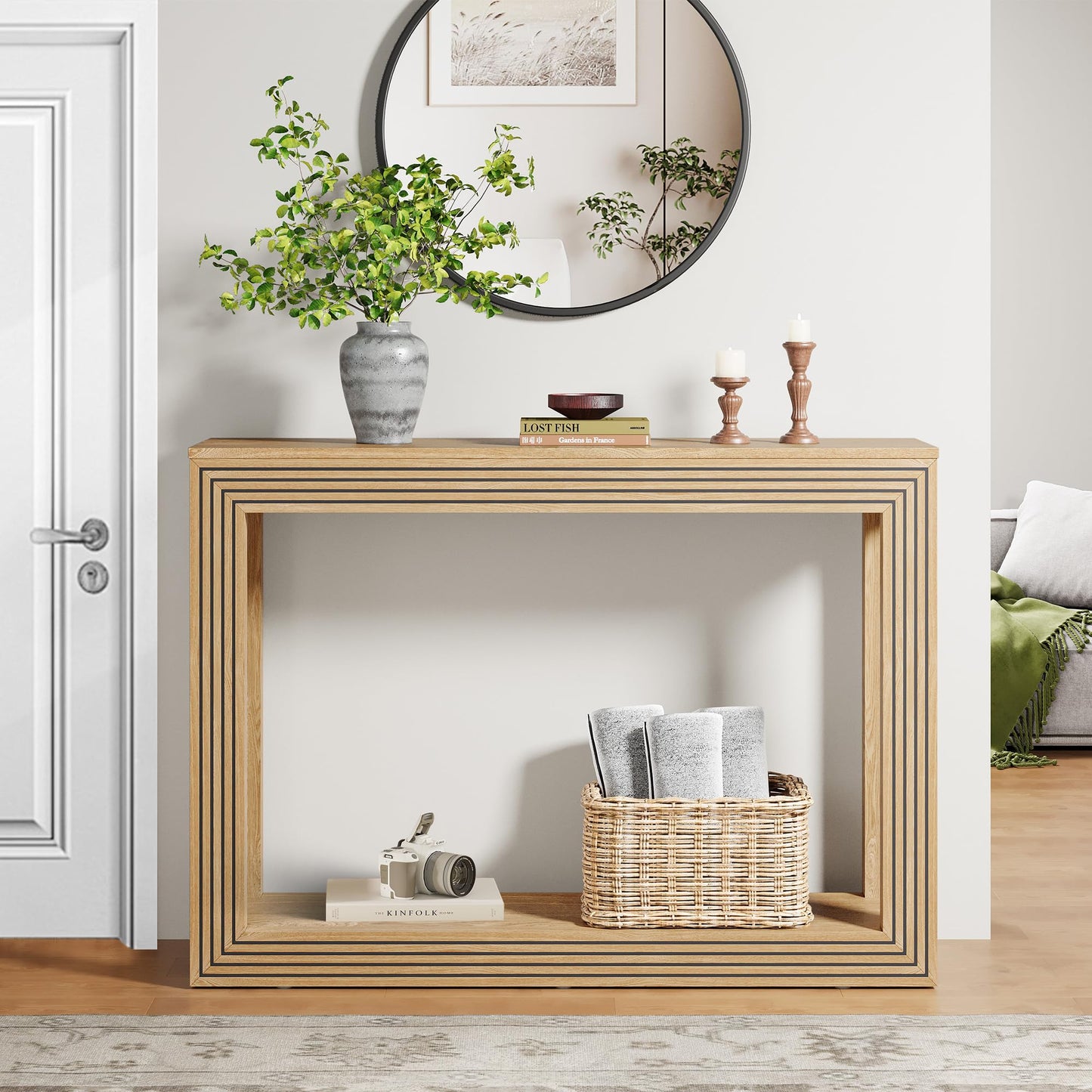 AVZEAR Fluted Entryway Console Table with Storage Shelf, 43" Mid-Century Couch Table Behind Sofa Long and Skinny for Living Room Hallway Entrance Foyer, Nature