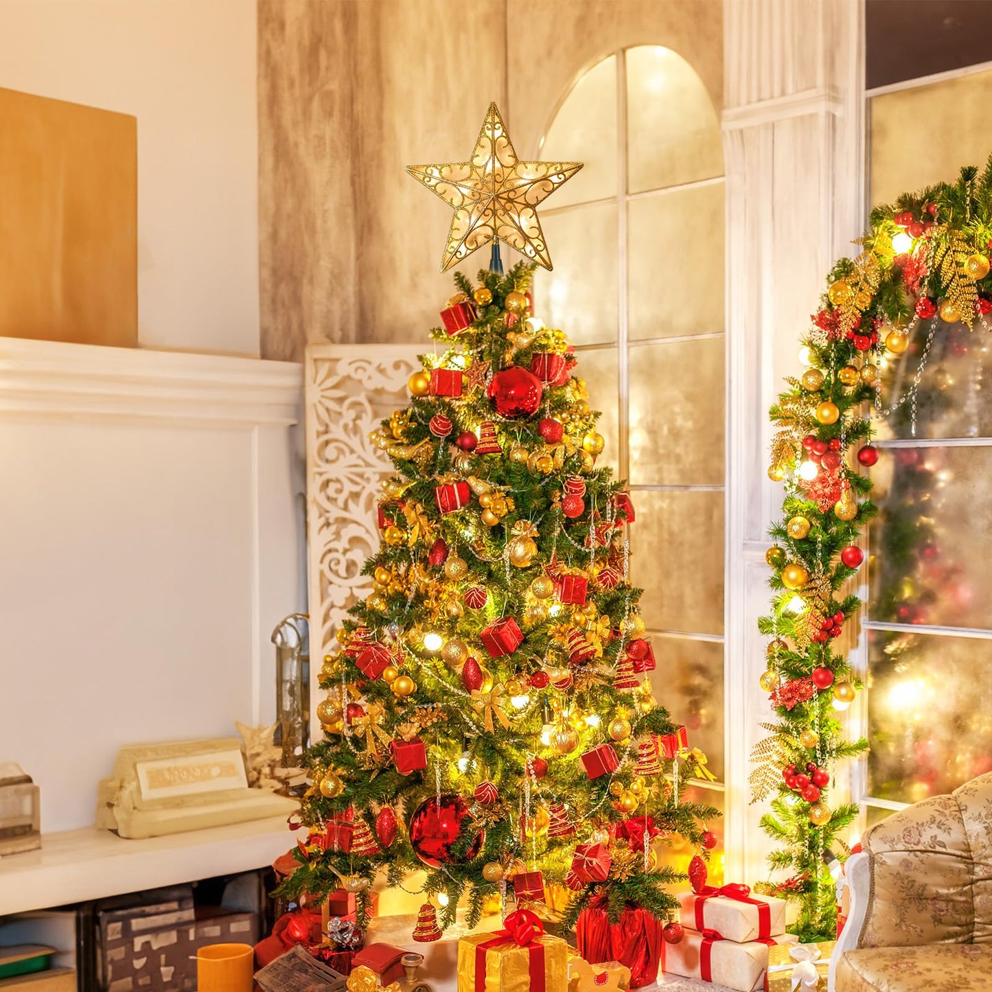 Christmas Star Tree Topper, 9.5 in Plug in Golden Glittered 3D Star Tree Topper, Metal Hollow Designed Built-in 10 Bulbs String Lights for Indoor Office Christmas New Year Holiday Tree Decoration