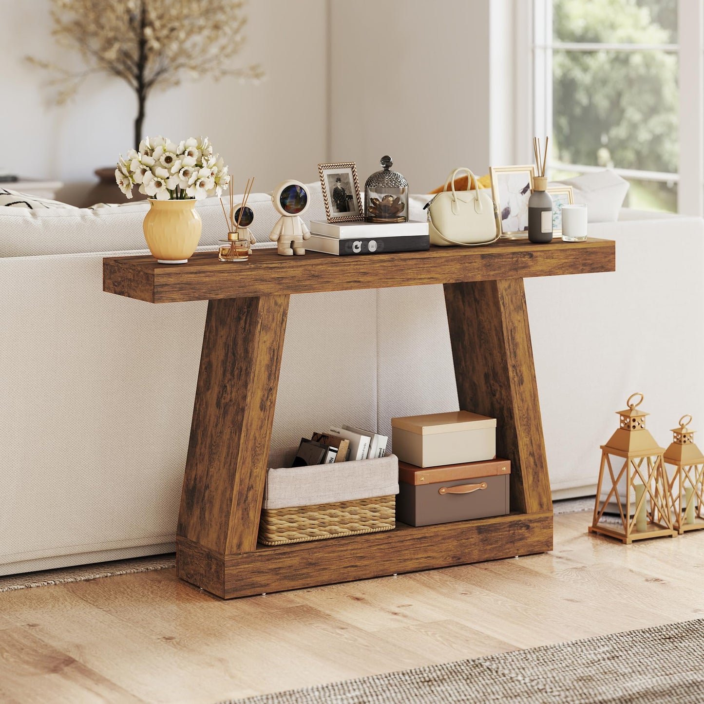 HOMCOM 55.1" Entryway Table, 2-Tier Farmhouse Console Table with Thickened Tabletop, Storage Shelf and Trapezoidal Base for Entryway, Behind Couch Sofa, Living Room, Hallway, Entrance, Rustic Brown