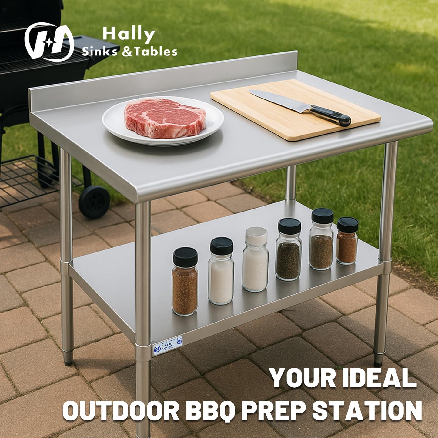 Hally Stainless Steel Table for Prep & Work 14 x 36 Inches, NSF Commercial Heavy Duty Table with Undershelf and Backsplash for Restaurant, Home and Hotel
