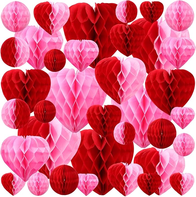 Yexiya 36 Pcs Valentine Heart Honeycomb Decorations Pom Poms Honeycomb Ball Paper Decorations Heart Tissue Paper for Valen...
