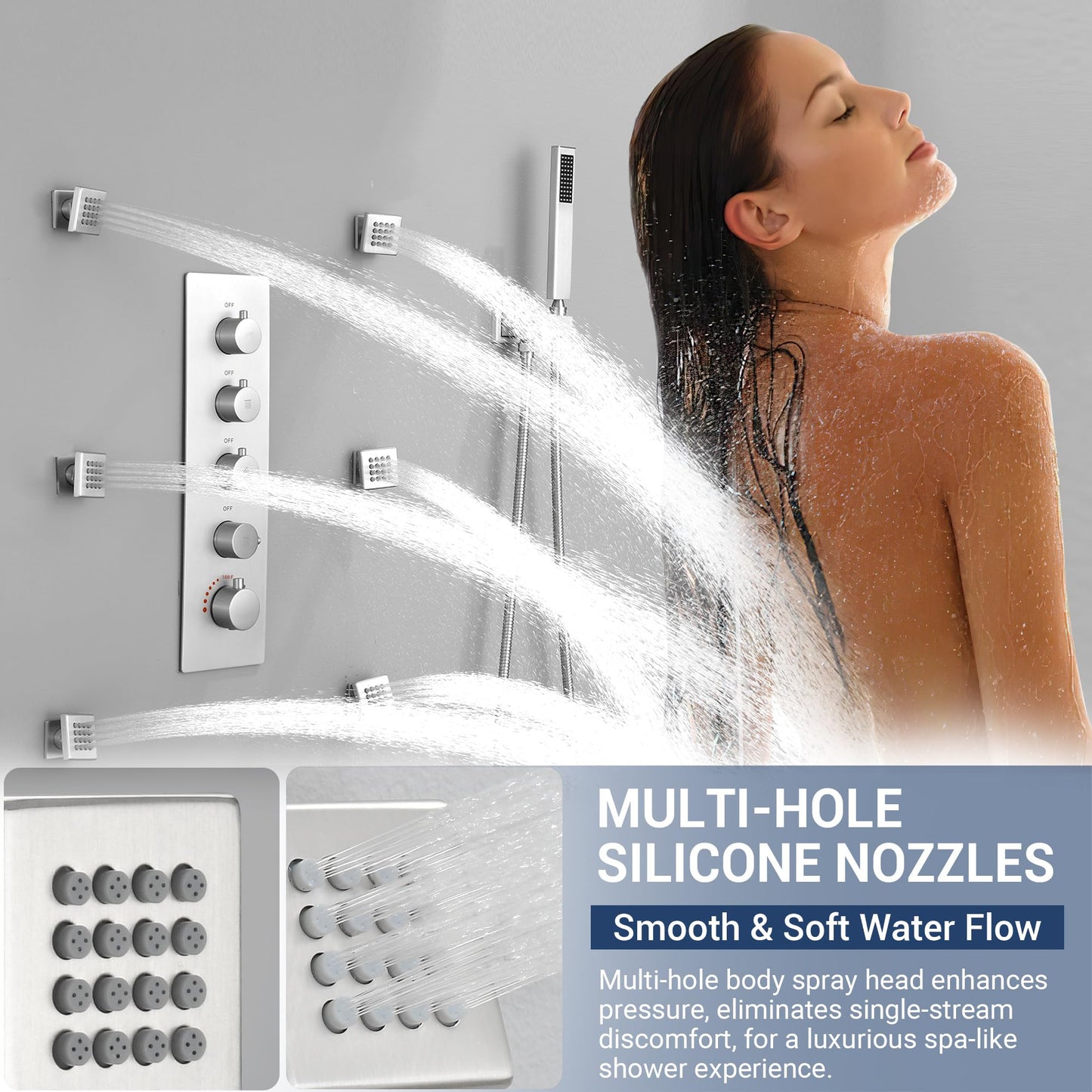 JetsBath Luxury Thermostatic Rain & Waterfall Shower System with 22” Rain Shower Head & 6 Body Jets, Wall Mounted Shower Faucet Sets with Handheld Sprayer, 3/4” Inlet Thermostatic Valve
