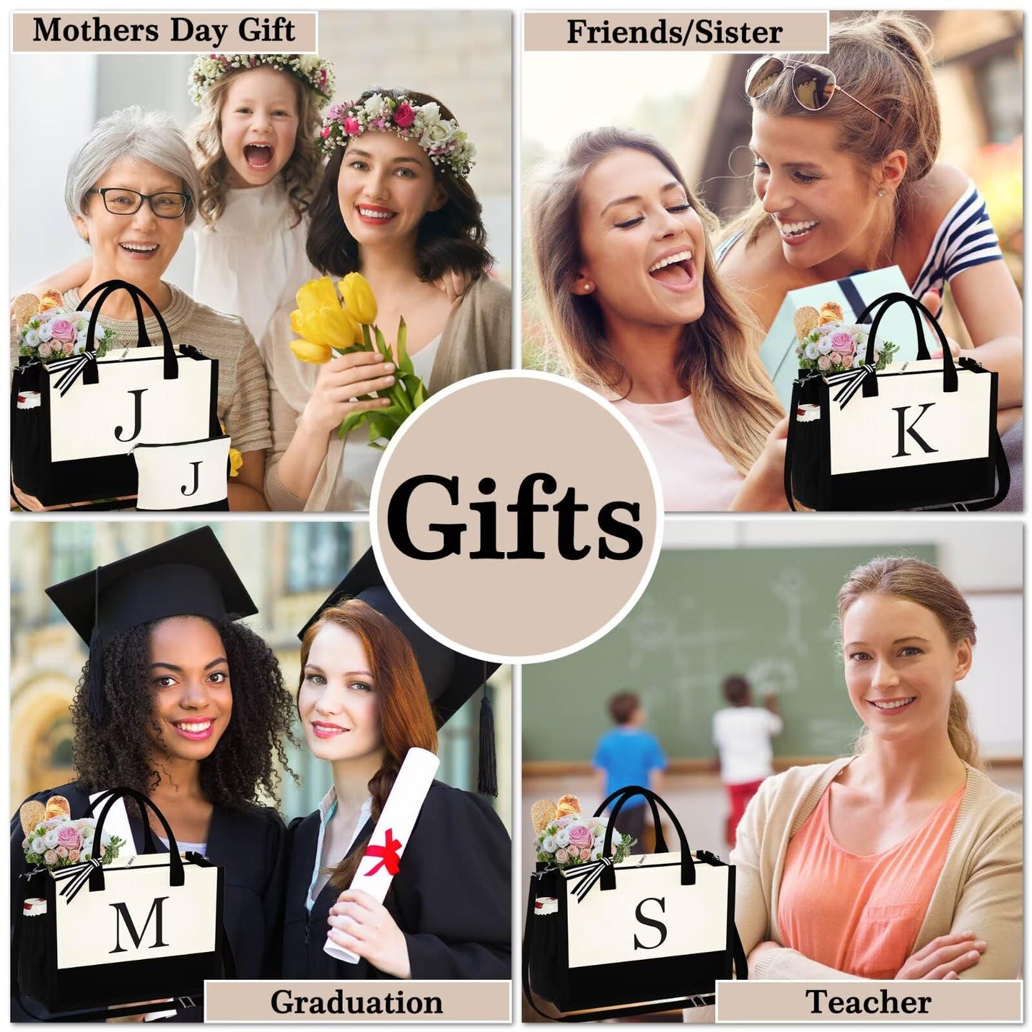 YOOLIFE Gifts for Women - Initial L Canvas Tote Bag & Makeup Bag, Birthday Gifts for Women Her Wife Mom Friend Teacher