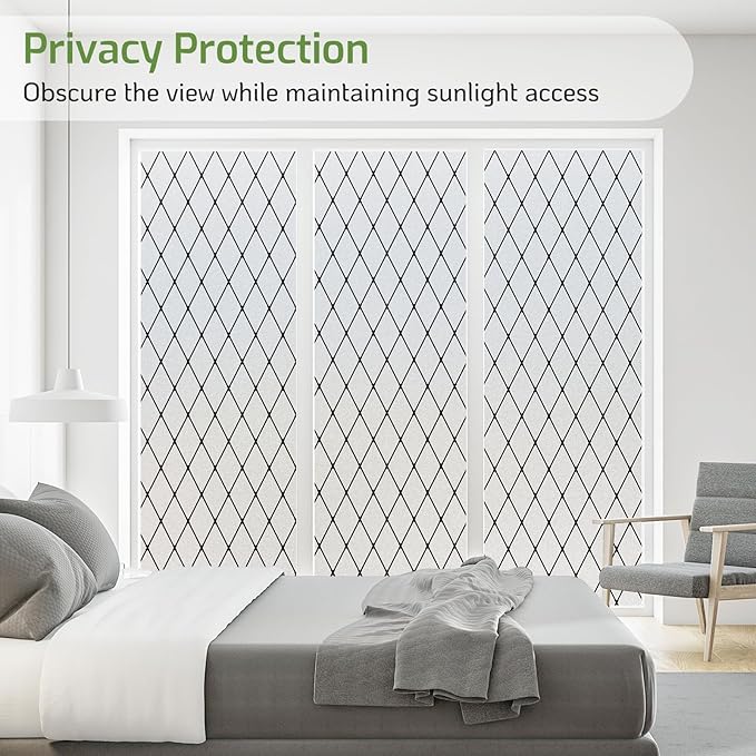 LUTE Frosted Window Privacy Film, Static Cling UV Sun Blocking Heat Control Window Cover, Removable Non-Adhesive Glass Sticker Vinyl Decorative Bathroom Frosting Decals, Black Lattice, 17.5" x 78.7"