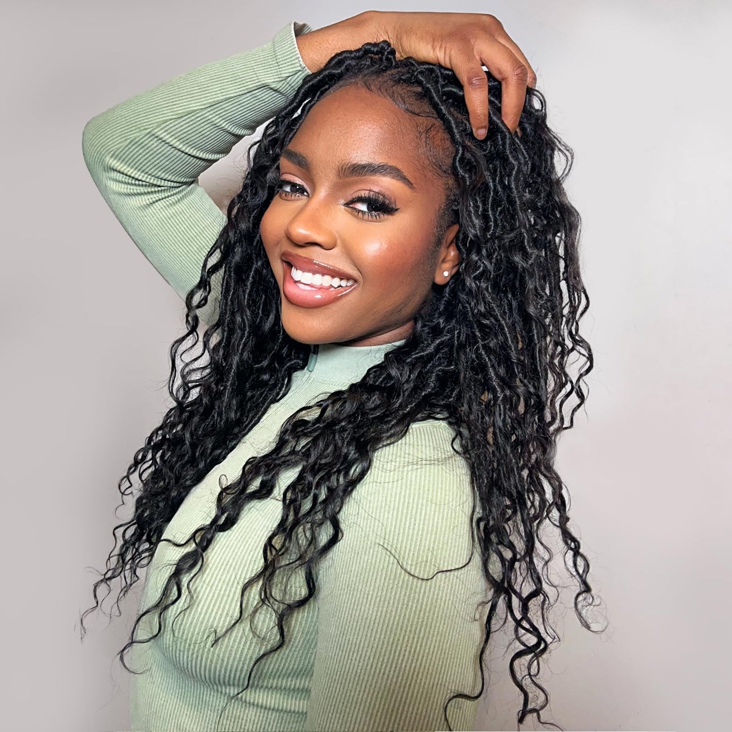 ToyoTress Boho Butterfly Locs With Human Hair Curls - 18 Inch 8 Packs Natural Black Hand Twisted Pre-Looped Crochet Locs, Short