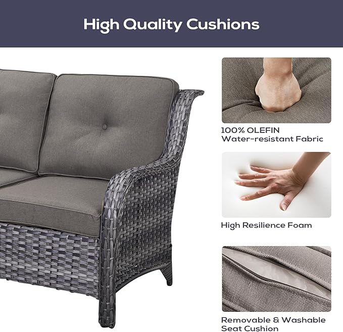 Belord Outdoor Patio Furniture Set with Propane Fire Pit Table, 7 Pieces Wicker Patio Conversation Set with 2 Swivel Glider Rocker Chair Rattan Sofa Grey Cushion Perfect for Casual Gathering