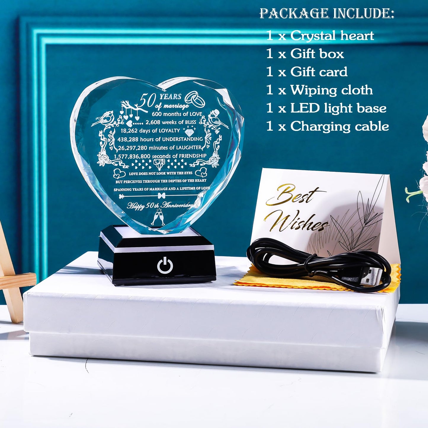 YWHL 50th Anniversary Crystal Gifts with Colorful LED Base Happy 50th Wedding Anniversary Heart Gift for Couples 50 Years of Marriage Gifts for Parents Husband Wife