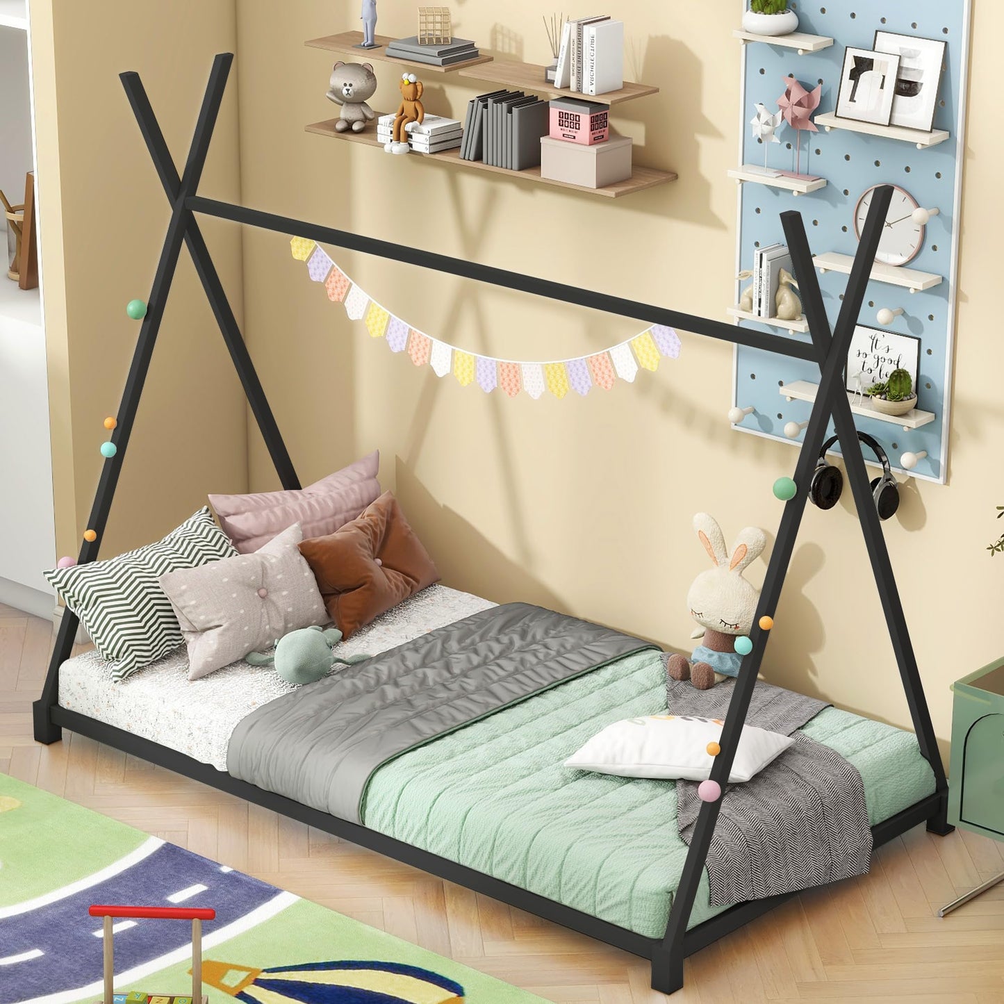 kuurfuurdo Twin Size House Bed for Kids, Metal Montessori Floor Bed Platform BedFrame with Triangle Structure Tent with Slat for Kids Girls Boys, No Box Spring Needed Easy Assembly
