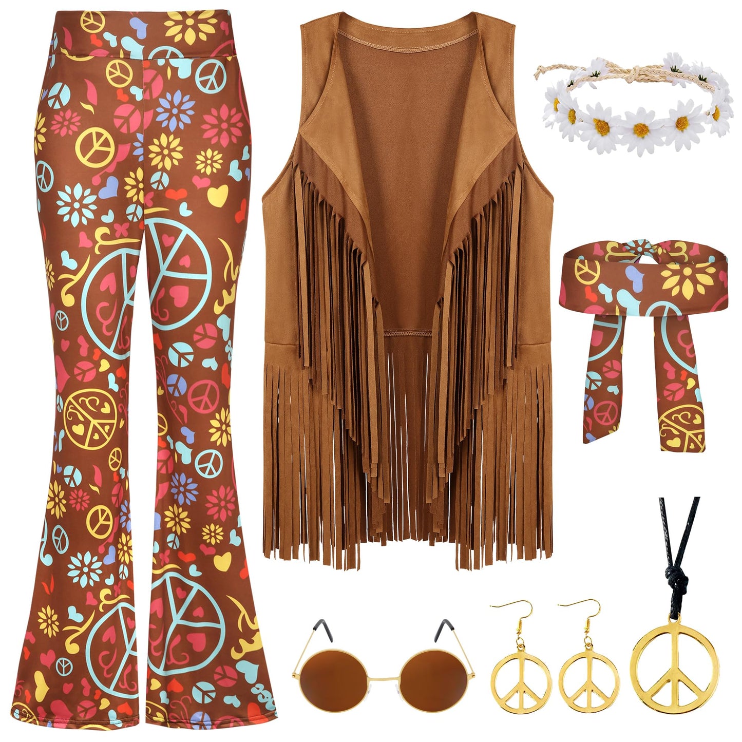GERVAISE Womens 60s 70s Outfit Disco Hippie Costume Fringe Vest Boho Pants Accessories Set (Brown, Medium)