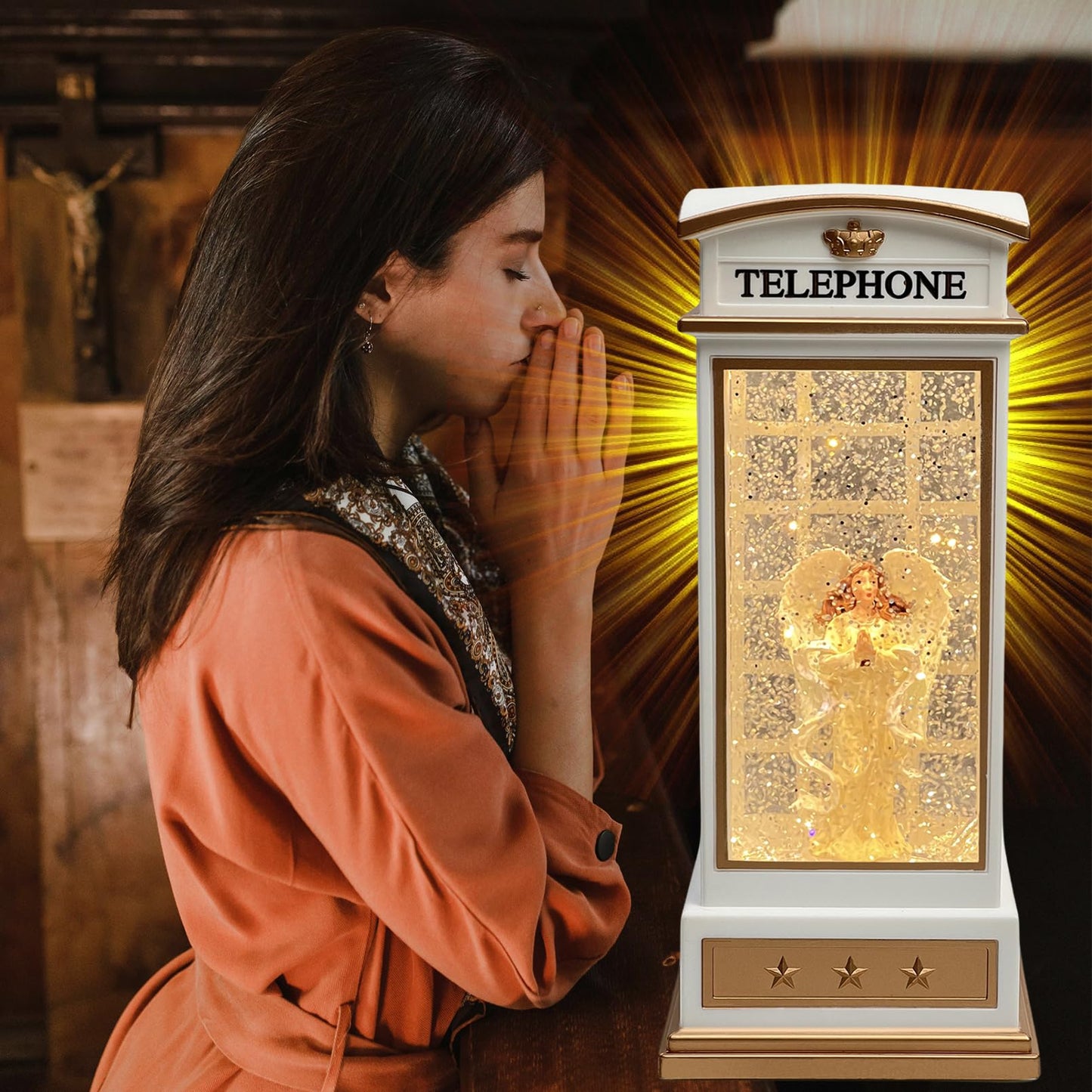 Christmas Snow Globe Lantern - Angel Scene Water Lanterns with Lights and Glitter - White Telephone Booth Decoration - USB or Battery Powered Musical Box for Adults Girls (Angel)