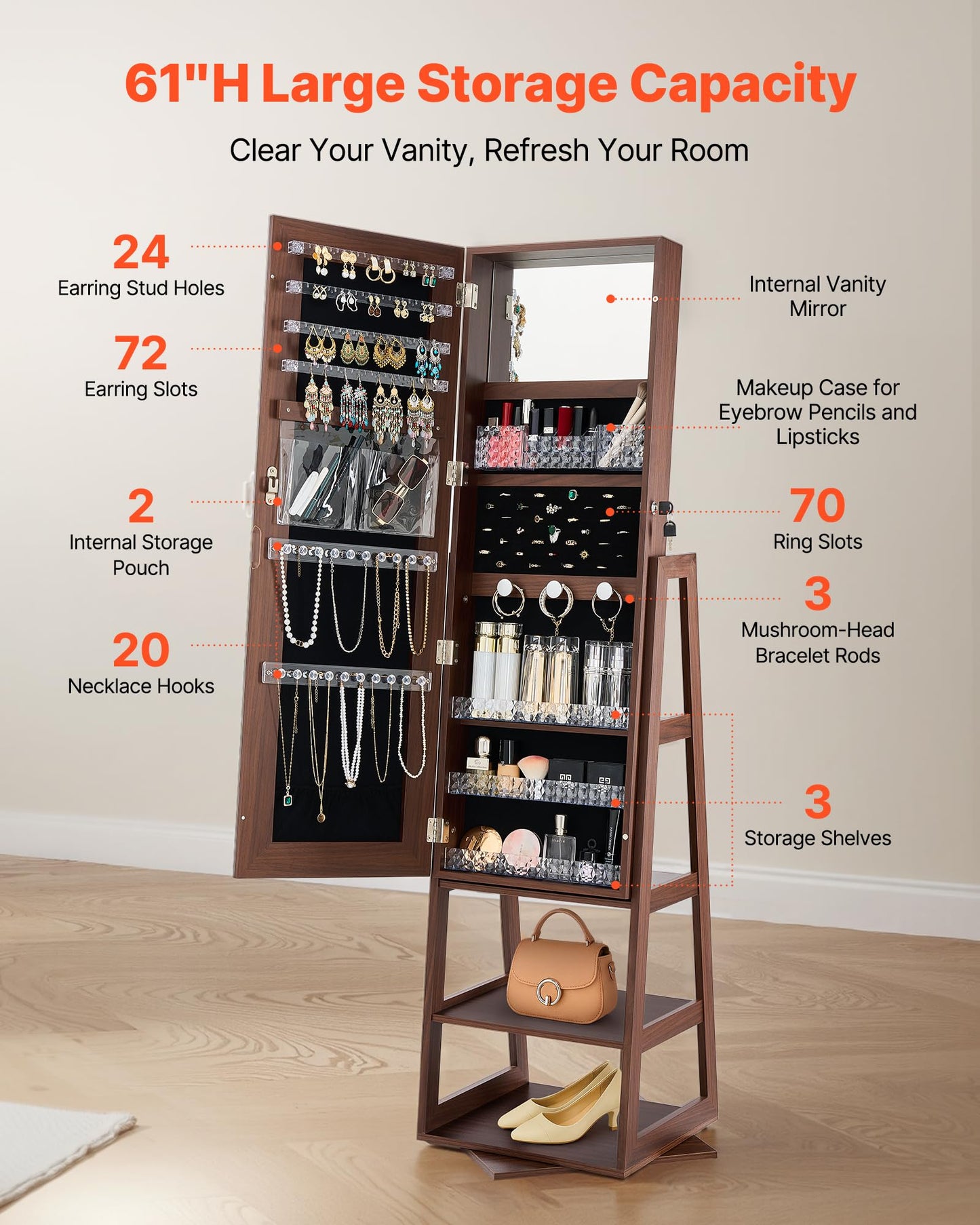 VEVOR 360° Swivel Jewelry Cabinet, 61-inch Tall, Full-Length Mirror with Storage, Standing Rotatable Jewelry Armoire Organizer, Lockable Door with 2 Keys, Accessory Pouches, and Storage Shelves