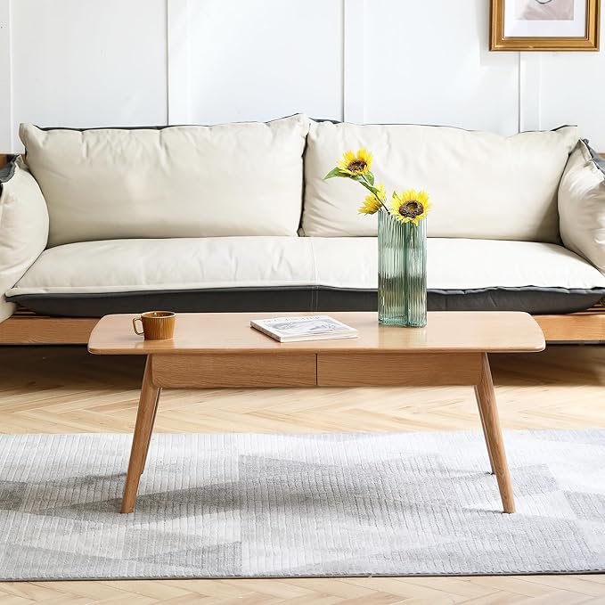 QKFF Solid Wood Coffee Table with Drawers - 100% North American FAS Grade Oak, Traditional Mortise and Tenon Craftsmanship, Low Table for Living Room & Home Office Eco-Friendly Finish