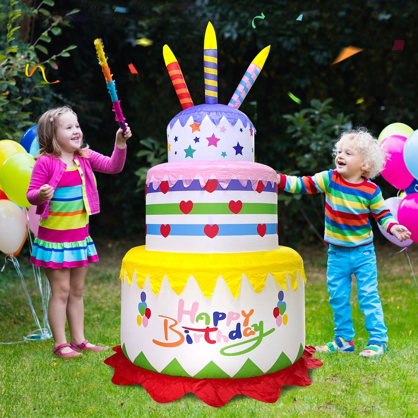 DomKom [New] 6FT Inflatables Birthday Cake Outdoor Decorations with Candles,Build-in LED Magic Lights, for Happy Birthday Party Outdoor,Indoor,Garden Yard Lawn Decor