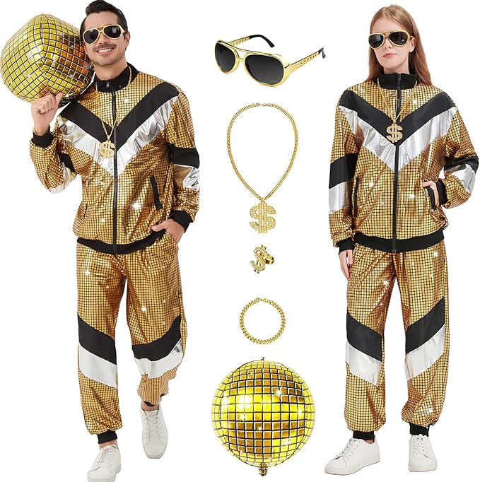 Ezuwail Disco Costume for Men Women – 70s 80s 90s Outfits Retro Party Tracksuit, Couples Disco Costumes Halloween Outfit
