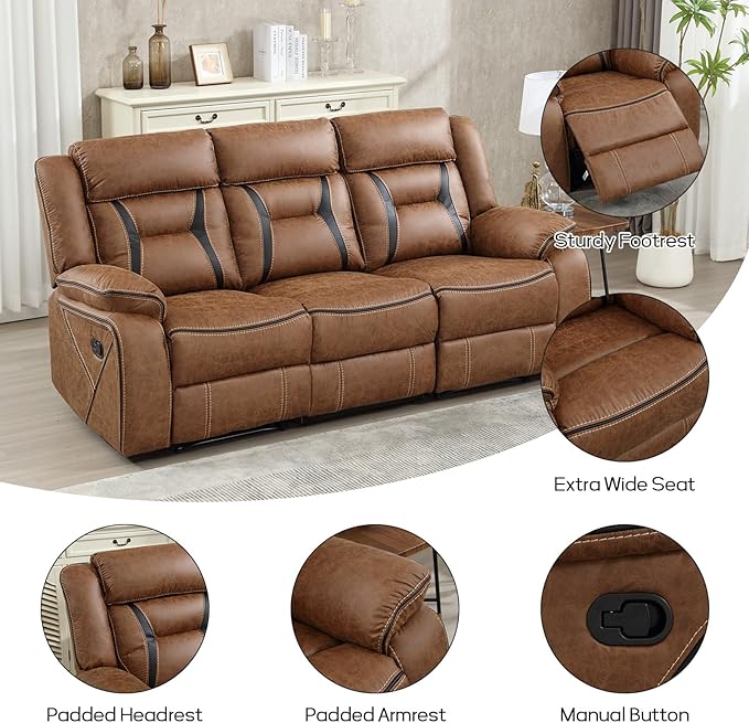 EBELLO Faux Leather Manual Reclining Sofa, 3 Seat Recliner Sofa Chair, Couch Furniture for Living Room, Furniture, Meeting Room, Brown (3 Seat Sofa)