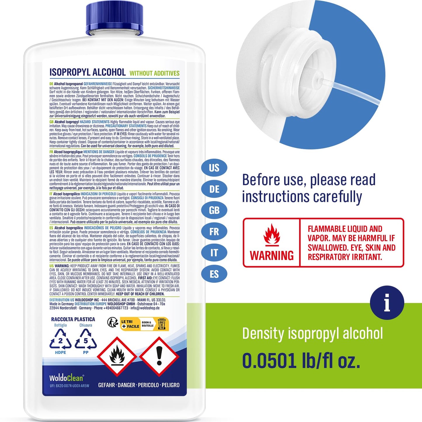 WoldoClean Isopropyl Alcohol 99.9% Pure IPA 33.8 fl oz - High Purity Rubbing Alcohol for Cleaning Electronics, Glass, Tools & Household Surfaces, Fast Evaporating, Residue-Free