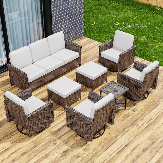 COOS BAY Harbor Retreat 8 Piece Outdoor Furniture Set, Patio Conversation Set with 4 Swivel Rocking Chairs, 3 Seat Couch, Side Table & Ottomans, Wicker Furniture, Brown/Beige