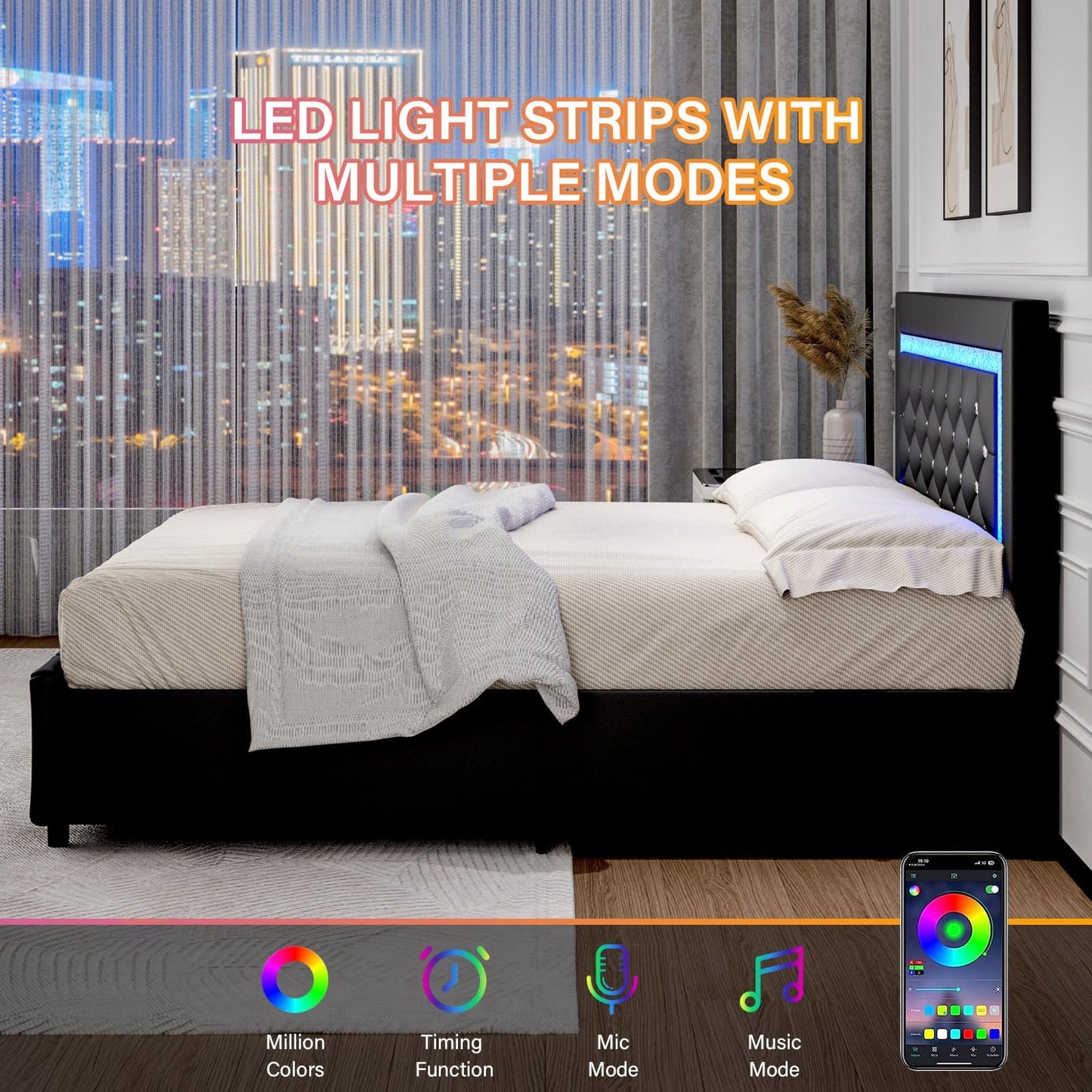 Twin Bed Frames with LED Lights and Storage Drawers, Upholstered Bed Frame with Diamond Headboard, Faux Leather Modern Platform Bed, Wooden Slats Support, No Box Spring Needed, Black